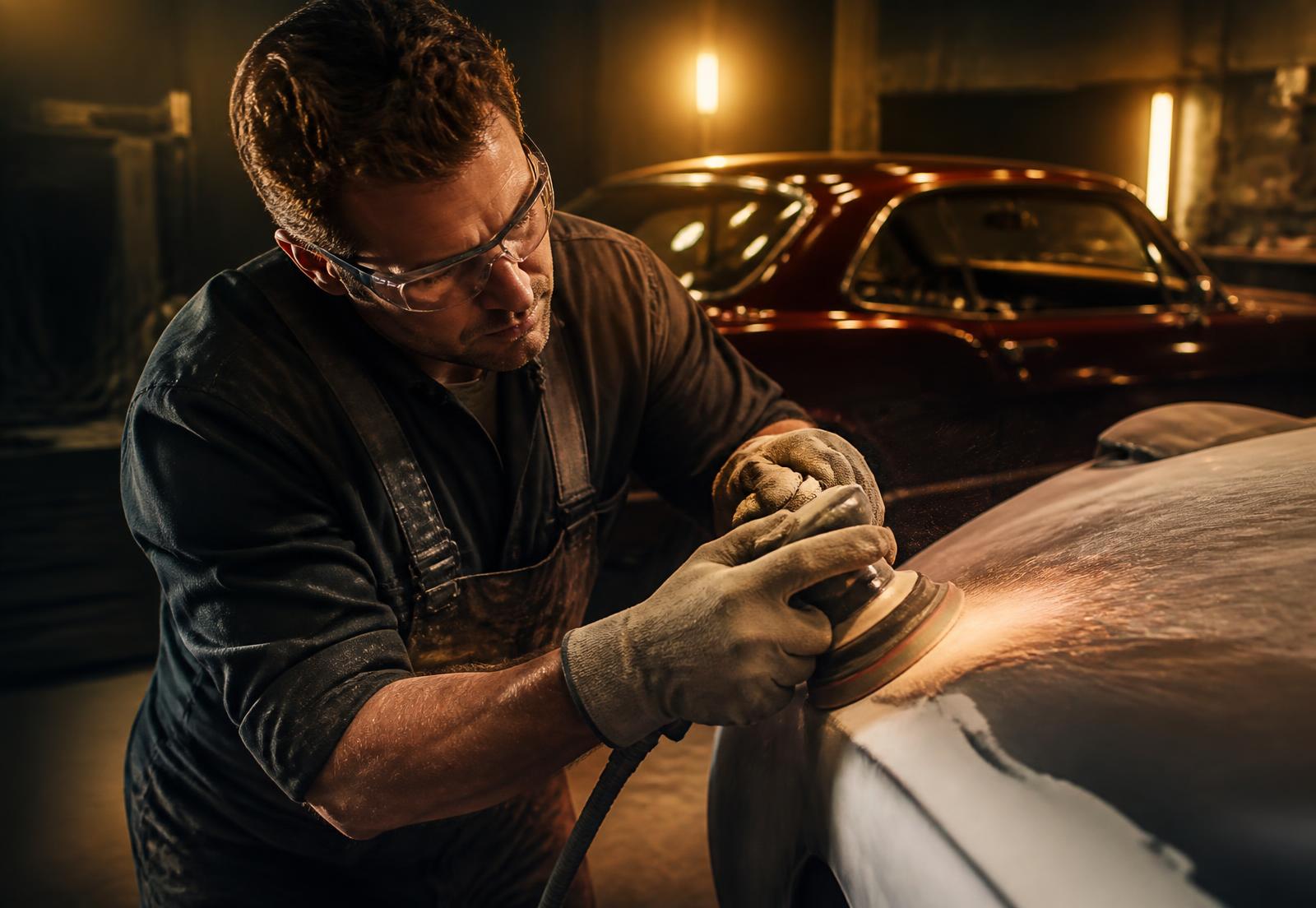 Technician sanding a car panel inside Oscar N Sons Custom Bodyworks